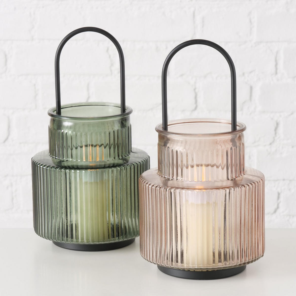 GLASLATERNE aus geriffeltem Glas Riffa 12,9/12,9/25,5 cm - Rosa, Glas (12.9/25.5/12.9cm) - Boltze Home