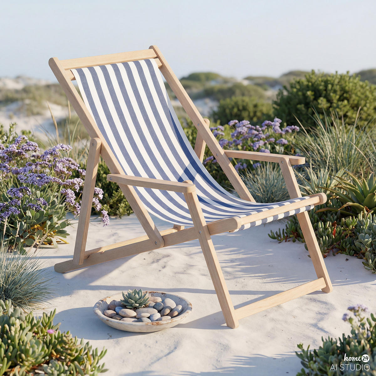 LIEGESTUHL - Akazie massiv / Webstoff - Blau, Holz/Textil (63/88/102cm) - home24