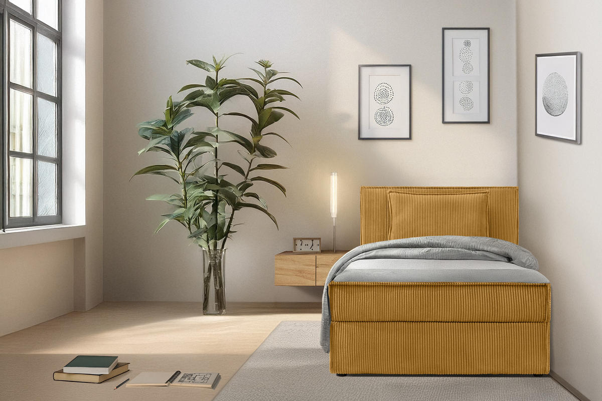 BOXSPRINGBETT ROTI Einzelbett, gelb - Gelb/Schwarz, Holz/Holzwerkstoff (100/200cm) - KONSIMO®