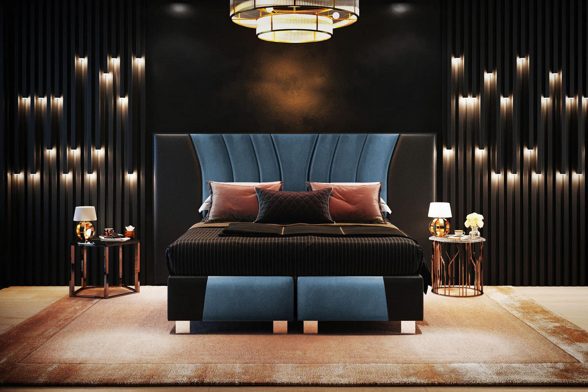 BOXSPRINGBETT IMPERIAL 140x200 cm, Aus Leder und Velvet Bezug, Schwarz Leder + Meerblau Velvet - Dunkelblau, Leder/Holz (140/200cm) - Trada