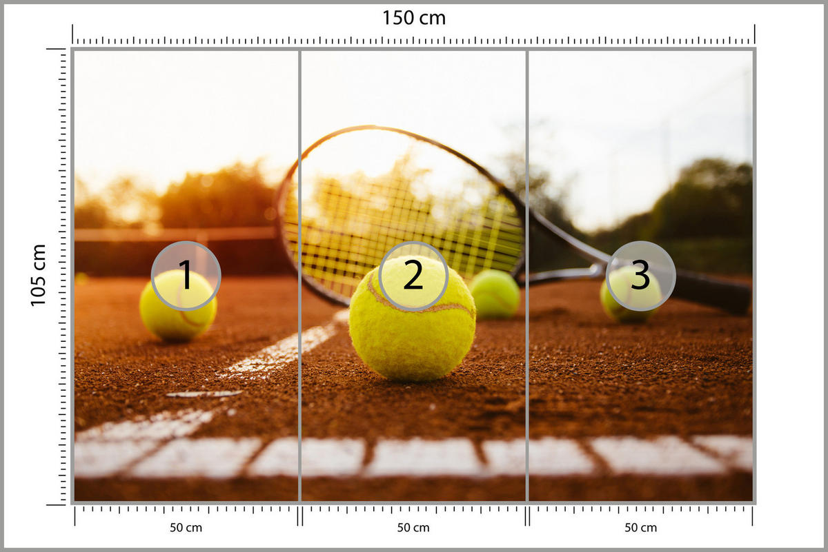 FOTOTAPETE für Jugendzimmer Tennisschläger Court Sport Ball 150x105 - Gelb/Orange, Papier (150/105cm) - Muralo