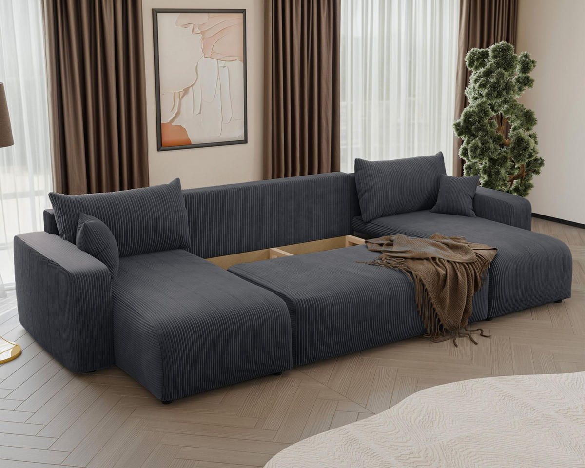 WOHNLANDSCHAFT Pianoni Grau Cordbezug - Schwarz/Grau, Kunststoff/Textil (312/83/140cm) - Selsey