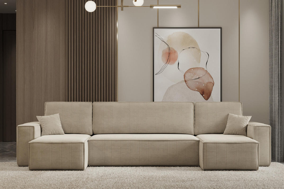 WOHNLANDSCHAFT Hugo U-Form Cordstoff mit Schlaffunktion und Bettkasten - Braun, Textil (312/83/142cm) - VENASI MÖBEL