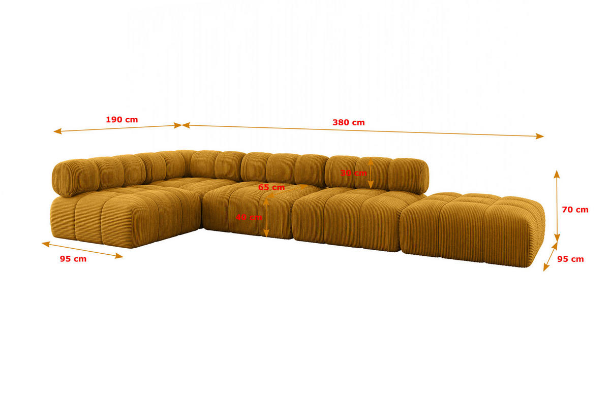 ECKSOFA modulares Sofa Favio-L2 - 380x190x70 cm Senfgelb Cord - Currygelb, Holzwerkstoff/Textil (380/190cm) - ALTDECOR