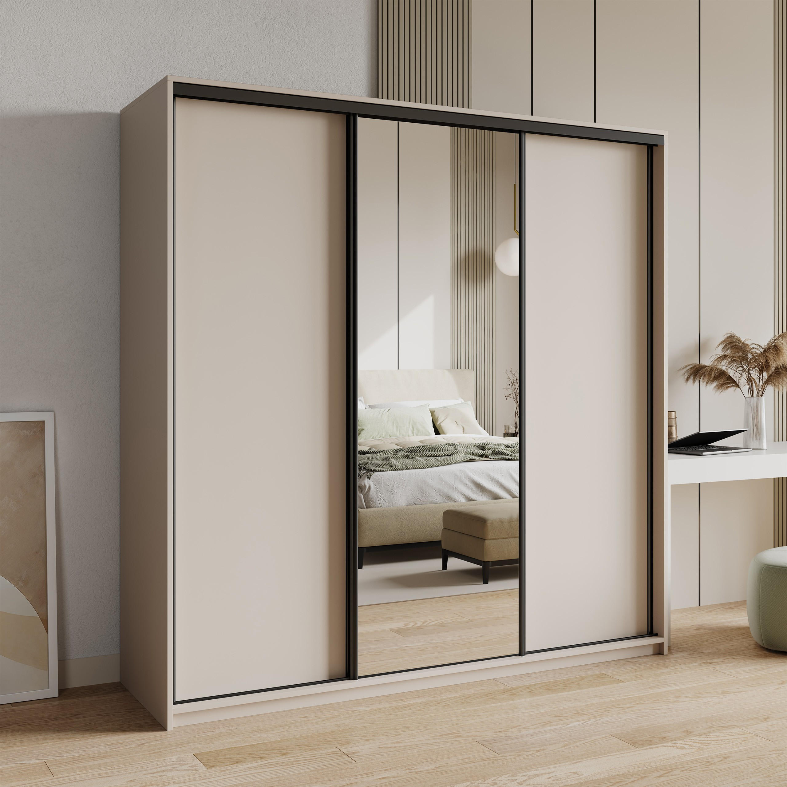SCHWEBETÜRENSCHRANK TAVI 180/205/60 cm 3-türig mit Spiegel und Schubladen Kaschmir - Kaschmir/Schwarz, Holzwerkstoff (180/205/60cm) - MASSENO
