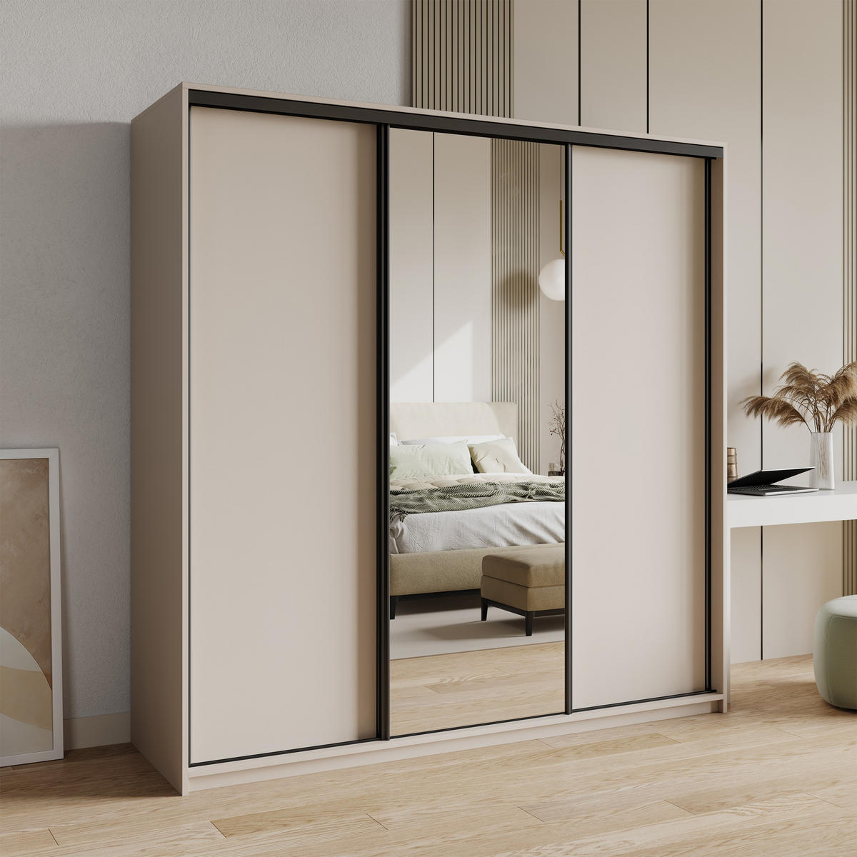 SCHWEBETÜRENSCHRANK TAVI 180/205/60 cm 3-türig mit Spiegel und Schubladen Kaschmir - Kaschmir/Schwarz, Holzwerkstoff (180/205/60cm) - MASSENO