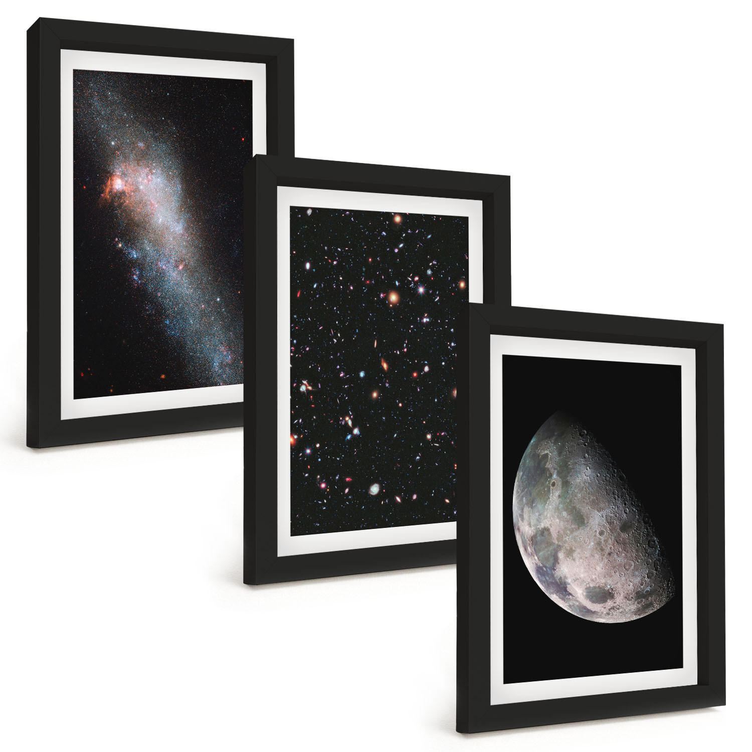 BILDER SET 3er Set - 20x30 cm Schwarzer Rahmen - Weltraum Galaxien Sterne Mond - Schwarz, Kunststoff (20/30cm) - TULUP