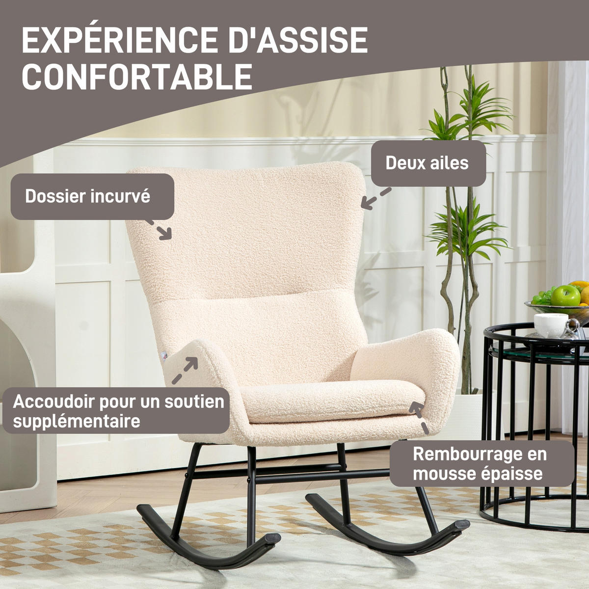 SCHAUKELSTUHL DE-17379 Beige & Schwarz - Beige, Metall (100/93/66cm) - ComfortXL