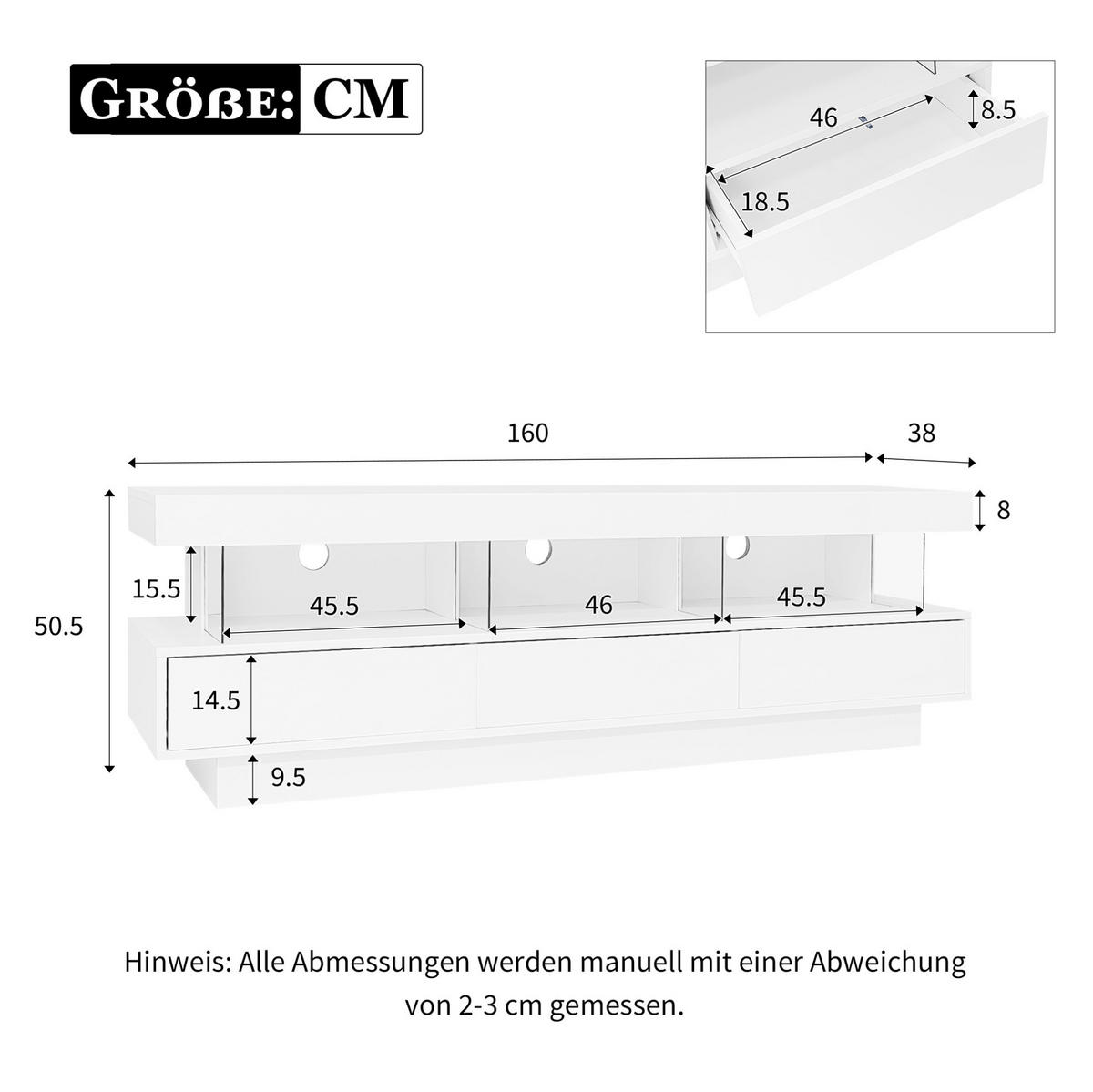 LOWBOARD 160/38/50,5 cm in Weiß Hochglanz mit LED-Beleuchtung und 3 Glasfächern - Weiß, Holzwerkstoff (160/50.5/38cm) - Flora Grace