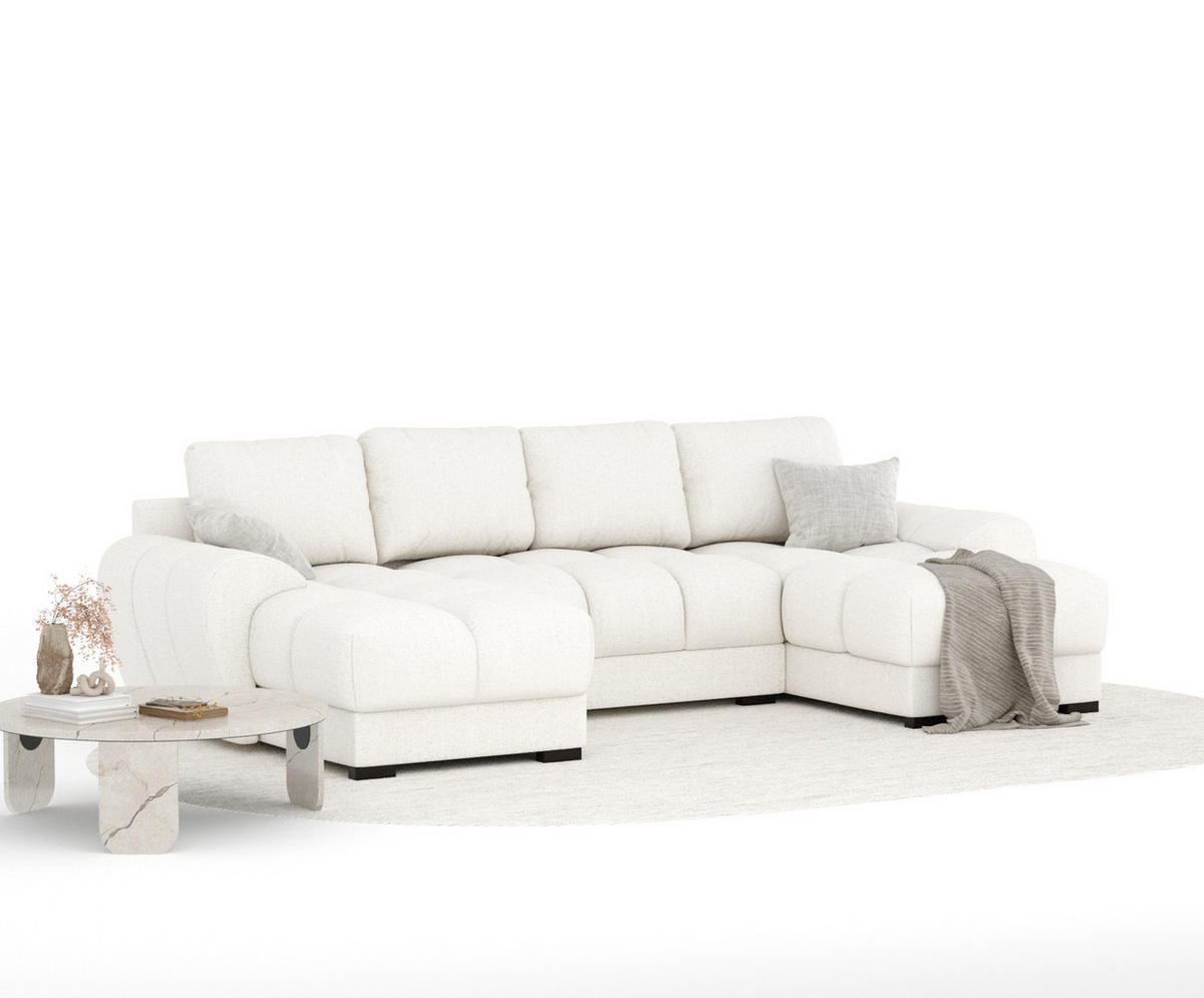 WOHNLANDSCHAFT Peebles Creme Webstoff - Creme/Schwarz, Holz/Holzwerkstoff (330/90/175cm) - Maison de Reve