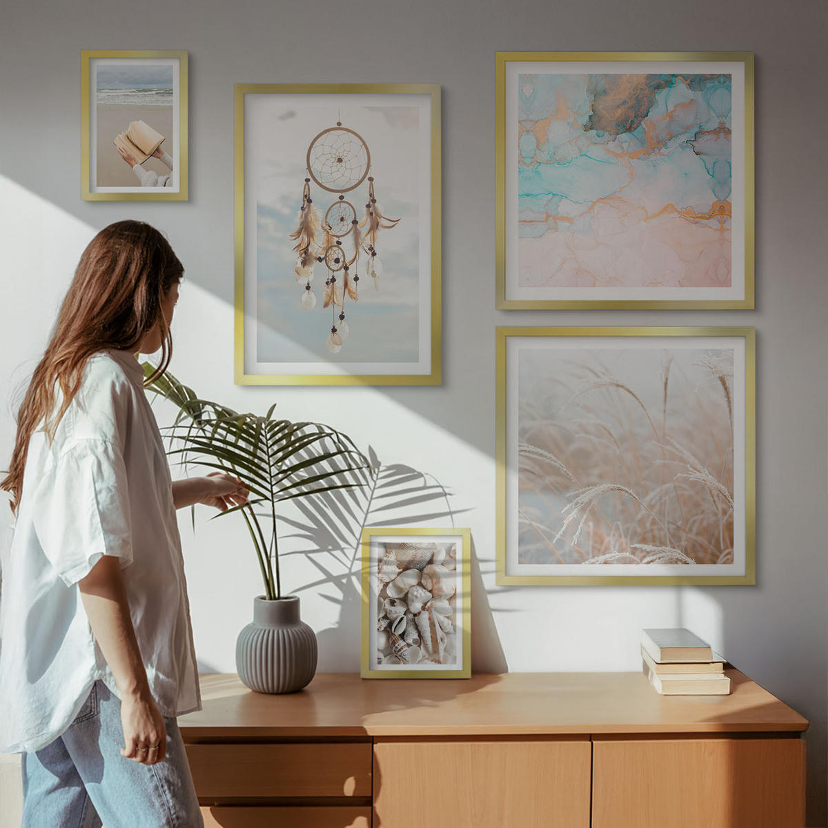 WANDBILDER 5er Set - 50x50 cm & 20x30 cm & 40x60 cm Goldrahmen - Stadtansichten, Brücken, Eiffelturm, Auto - Goldfarben, Kunststoff (40/60cm) - ArtPrintCave