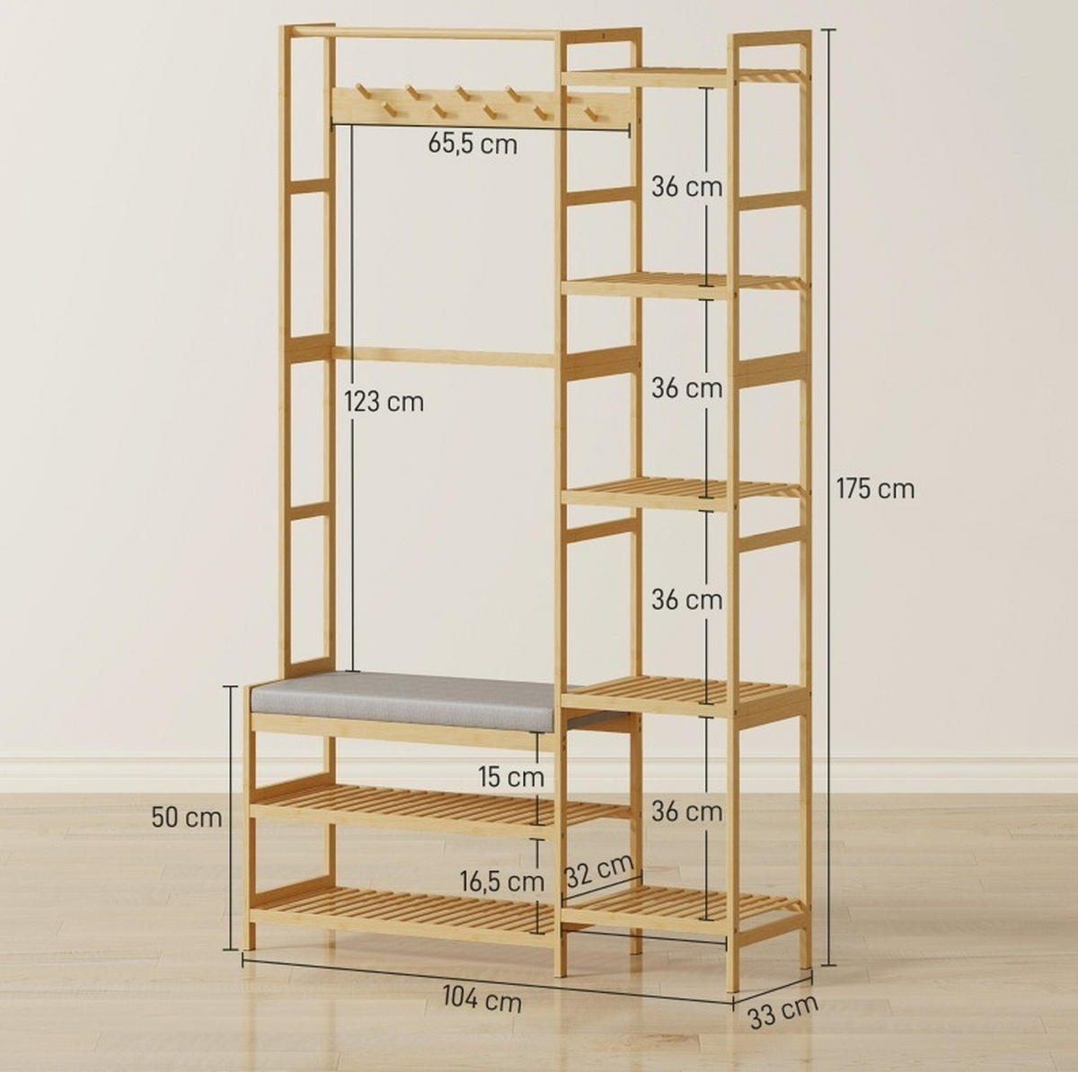 GARDEROBENSTÄNDER 104/33/175 cm aus Bambus mit Schuhregal und Sitzbank Natur - Naturfarben, Naturmaterialien (104/175/33cm) - Modenvie