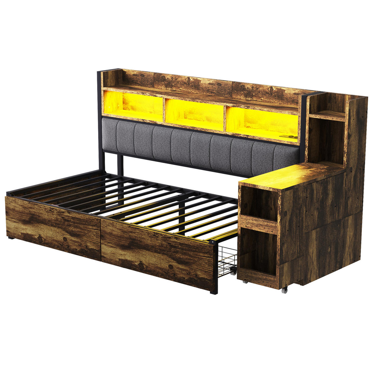 MULTIFUNKTIONSBETT aus Metall und Holz 90x200 cm Naturholzfarben mit Schreibtisch, Steckdosen, LED und Stauraum - Naturfarben, Metall (90/200cm) - Modfu