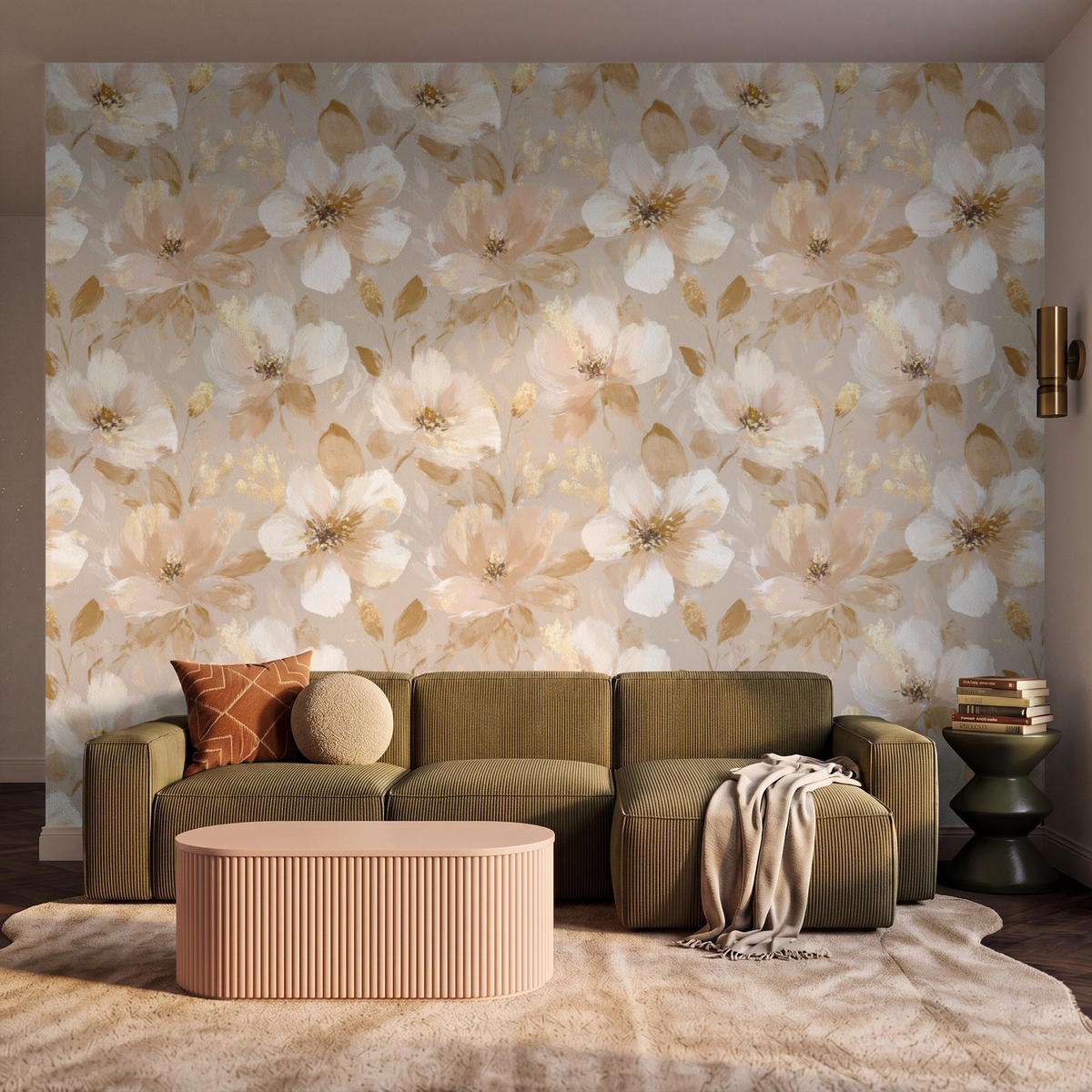 TAPETE - Blumen - künstlerisch - Gold - 350x280 cm - Beige, Papier (350/280cm) - OnlyWow