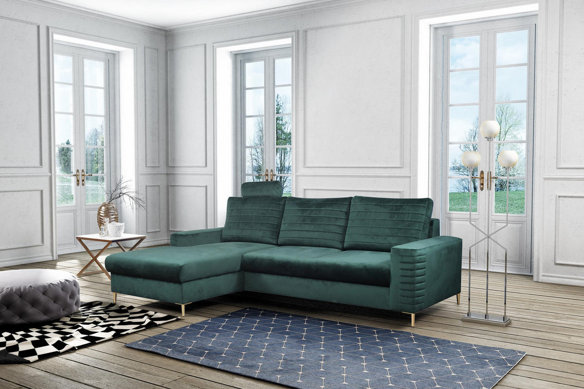 ECKSOFA GRIFO L-S Grün Velours-Stoff mit Schlaffunktion - Grün, Holz (253/165cm) - MASSENO