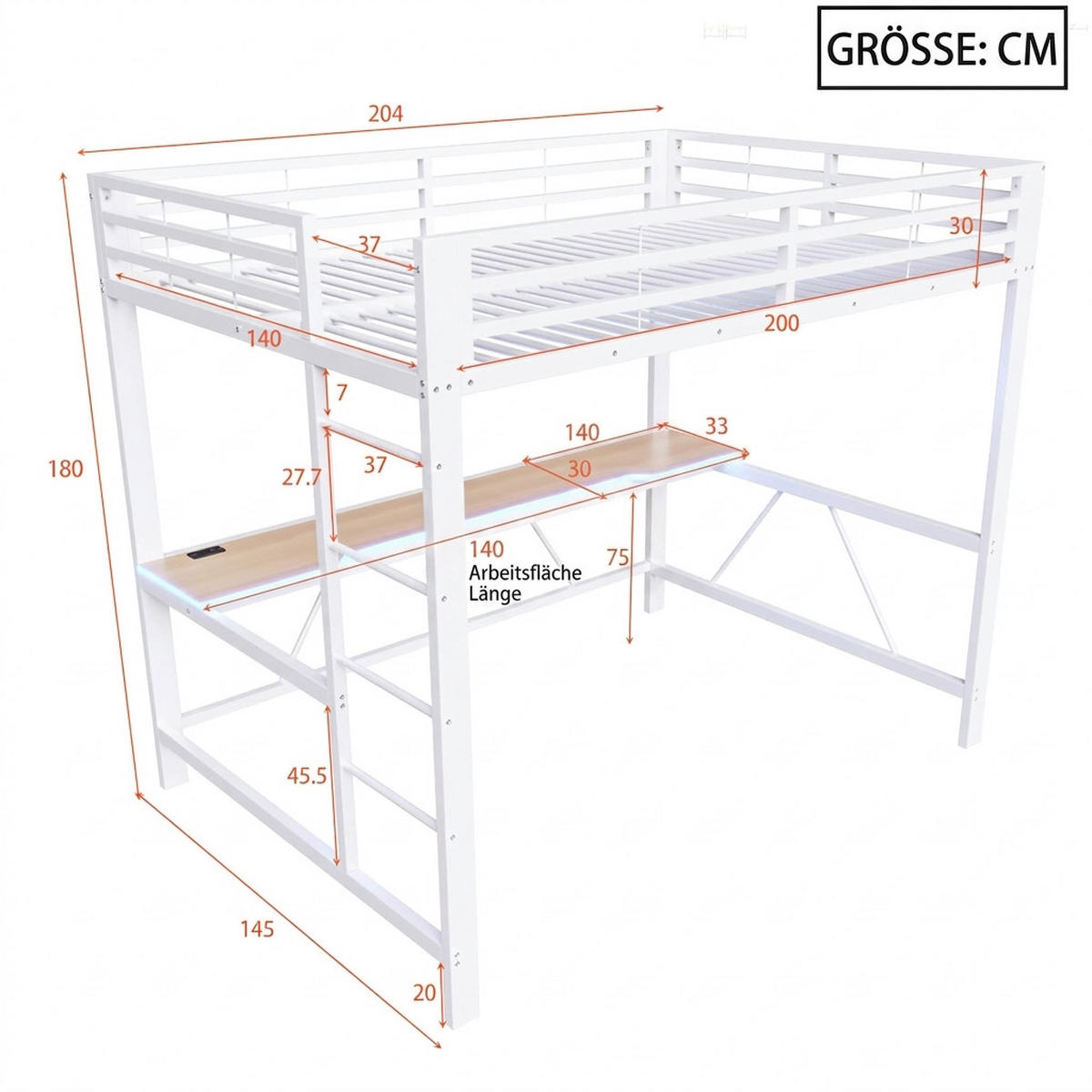 HOCHBETT 90/200 cm Weiß mit LED-Beleuchtung, USB-Ladestation und Schreibtisch - Weiß, Metall (90/200cm) - Oxeza