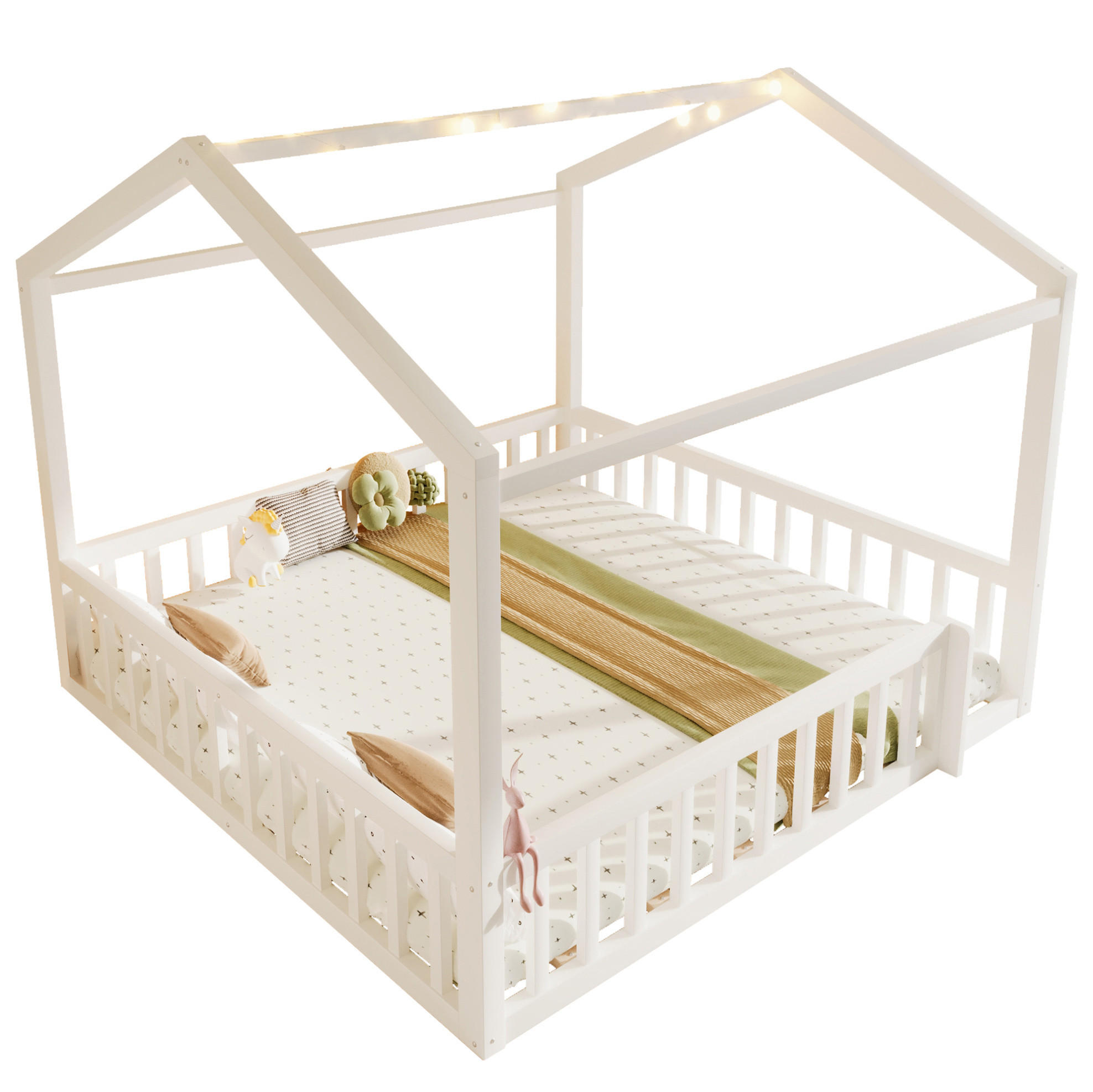HAUSBETT aus Kiefernholz 90x190/180x190 cm Weiß mit Schutzgitter, LED-Licht und teilbarem Dual-Design - Weiß, Holzwerkstoff (90/190cm) - Modfu
