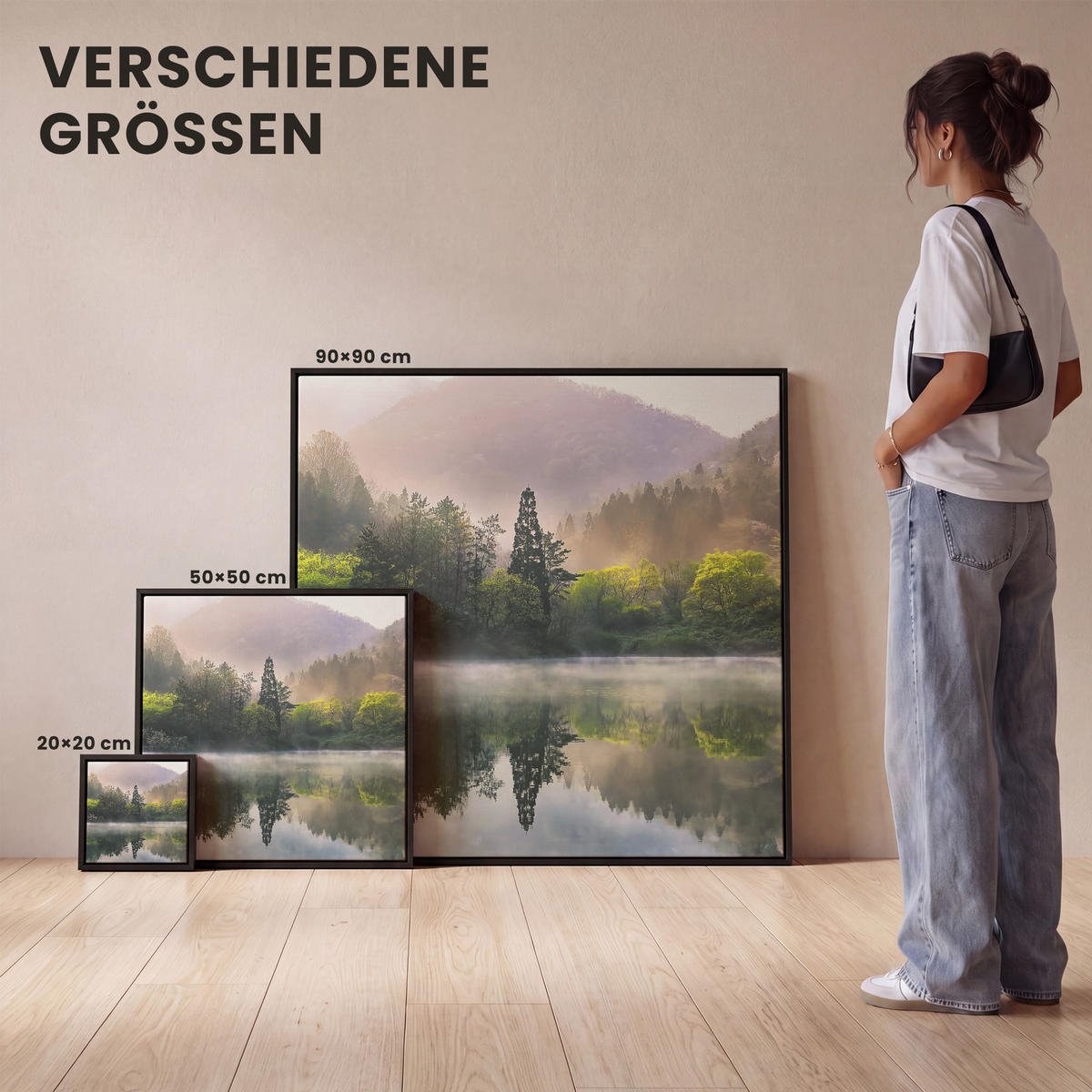 LEINWAND Bilder mit Rahmen - Natur - Bäume - Berge - See - Wasser - 20x20 - Hellgrün, Textil (20/20cm) - MuchoWow