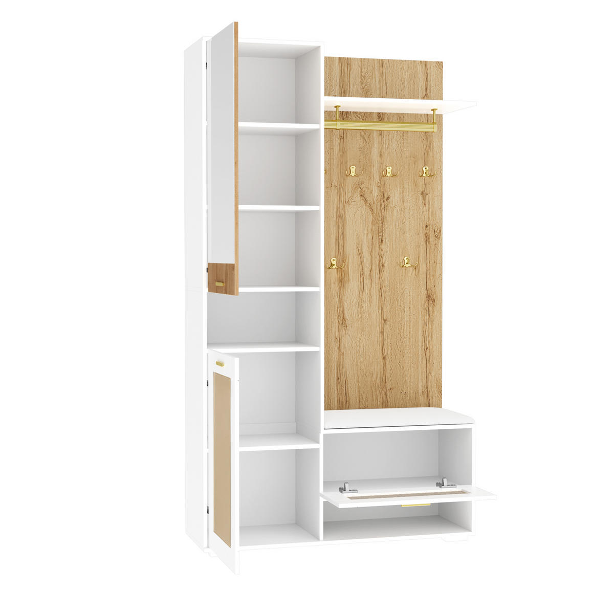 GARDEROBENSET Spiegel Haken Schuhschrank LED - Weiß, Holz (110/190/38cm) - Fortuna Lai