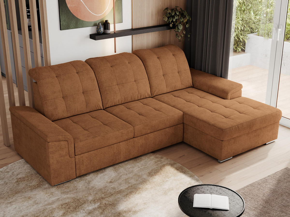 ECKSOFA MADRITO L - Orange Struktur - Rechts - Silberfarben/Orange, Textil/Metall (256/160cm)