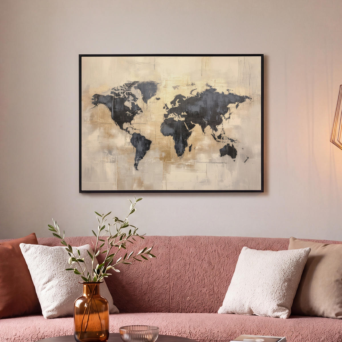 LEINWAND Bilder mit Rahmen - Weltkarte - Gold - Schwarz - Abstrakt - 70x50 - Kupferfarben, Textil (70/50cm) - MuchoWow