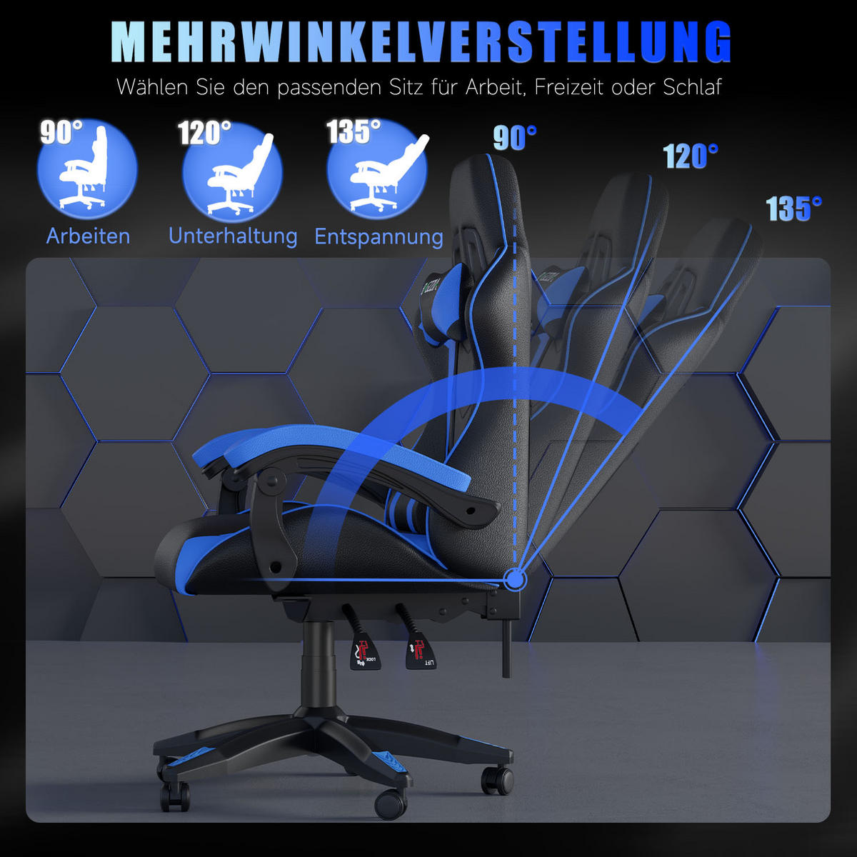 GAMINGSTUHL Schwarz-Blau ergonomisch - Blau, Leder (29/59/79cm) - Rattrix
