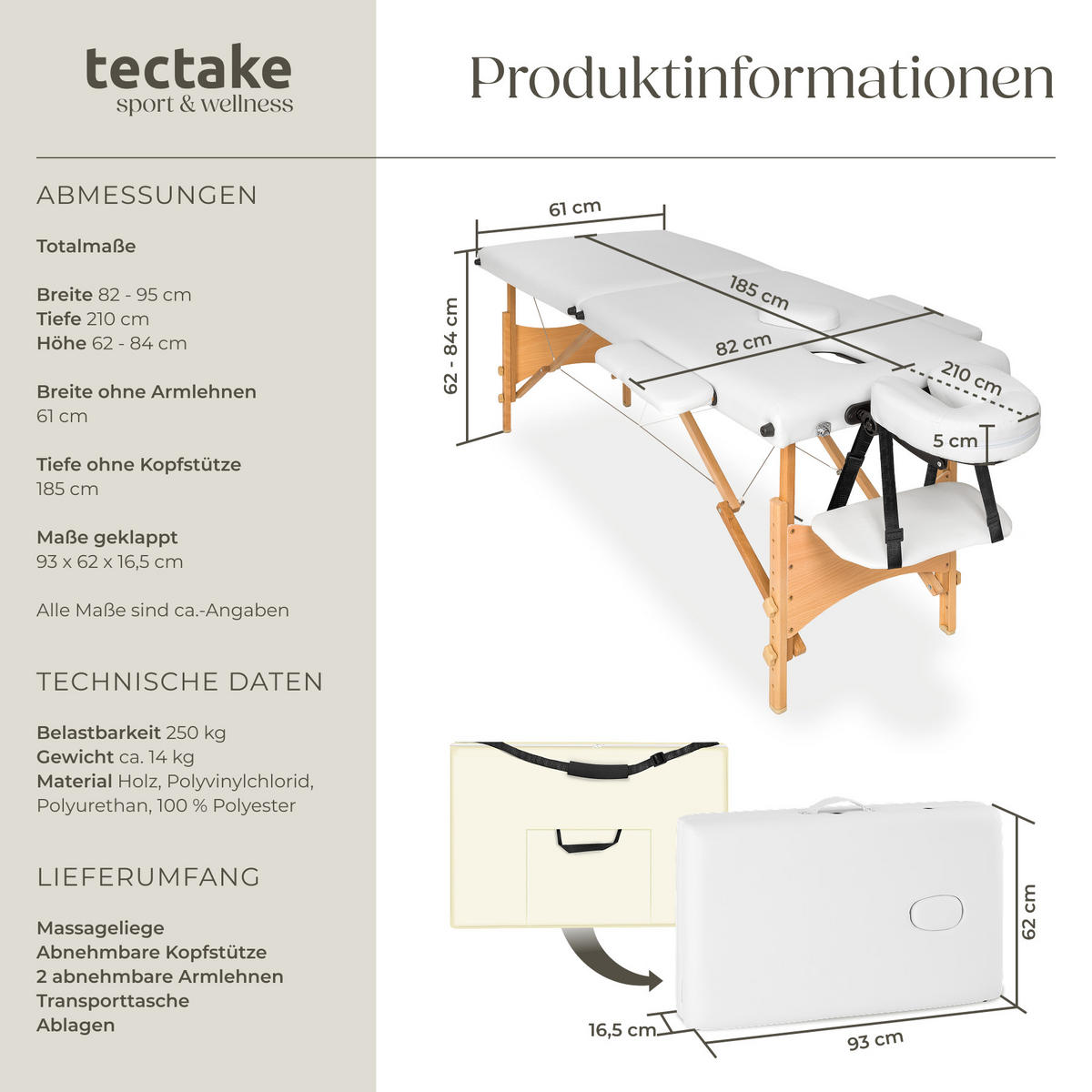 MASSAGELIEGE 2 Zonen Freddi,210 x 95 x 84 cm,weiß - Weiß, Holz (61/62/185cm) - tectake