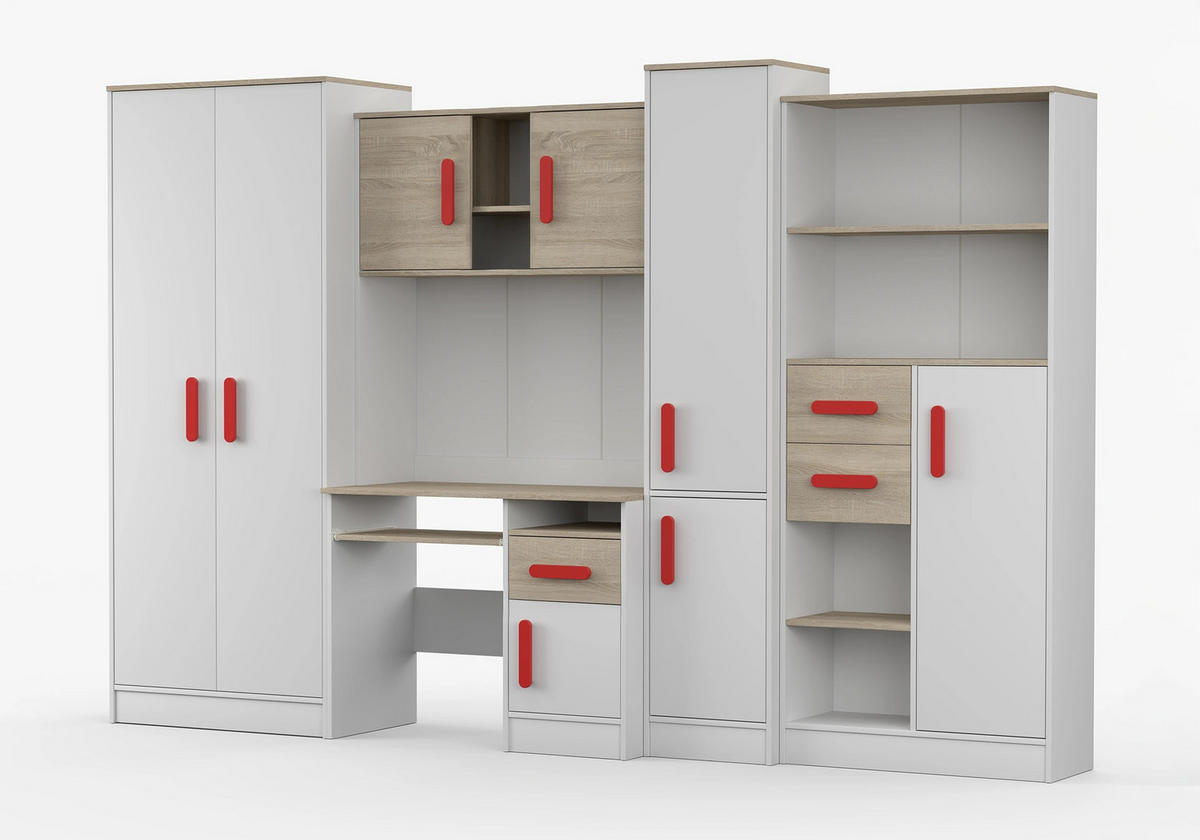 JUGENDZIMMER Wohnwand Colorino in Weiß und Eiche Sonoma – mit roten Griffen 5 teilig - Kinderzimmer Komplett - Weiß, Holzwerkstoff (80/200/120cm)