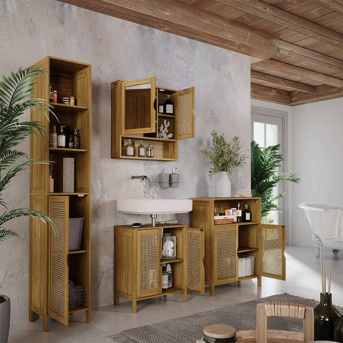 BADMÖBEL-SET Liora Bambus 4 Teile - Grün, Holzwerkstoff (48/60/29cm) - Vicco