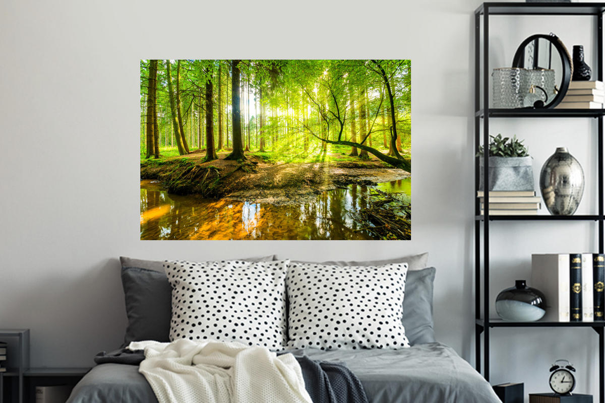 WANDTATTOO Wald - Landschaft - Wasser - Bäume - Sonne - Grün - Natur 120x80 cm - Grün, Kunststoff (120/80/0.1cm) - MuchoWow