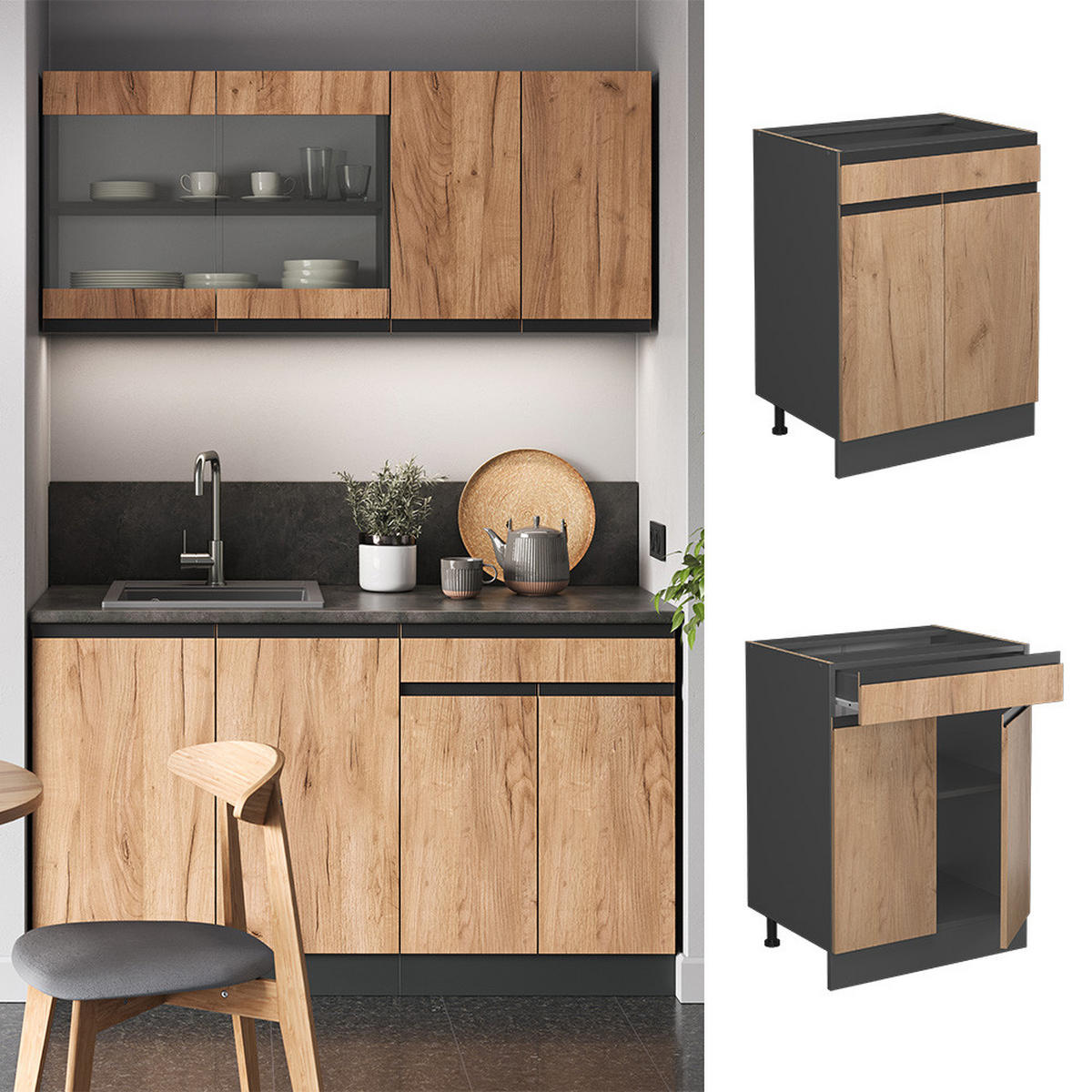 KÜCHENUNTERSCHRANK R-Line Goldkraft Eiche 60 cm J-Shape mit Schublade ohne AP - Anthrazit/Eiche Wotan, Holzwerkstoff (60/81.6/46cm) - Vicco