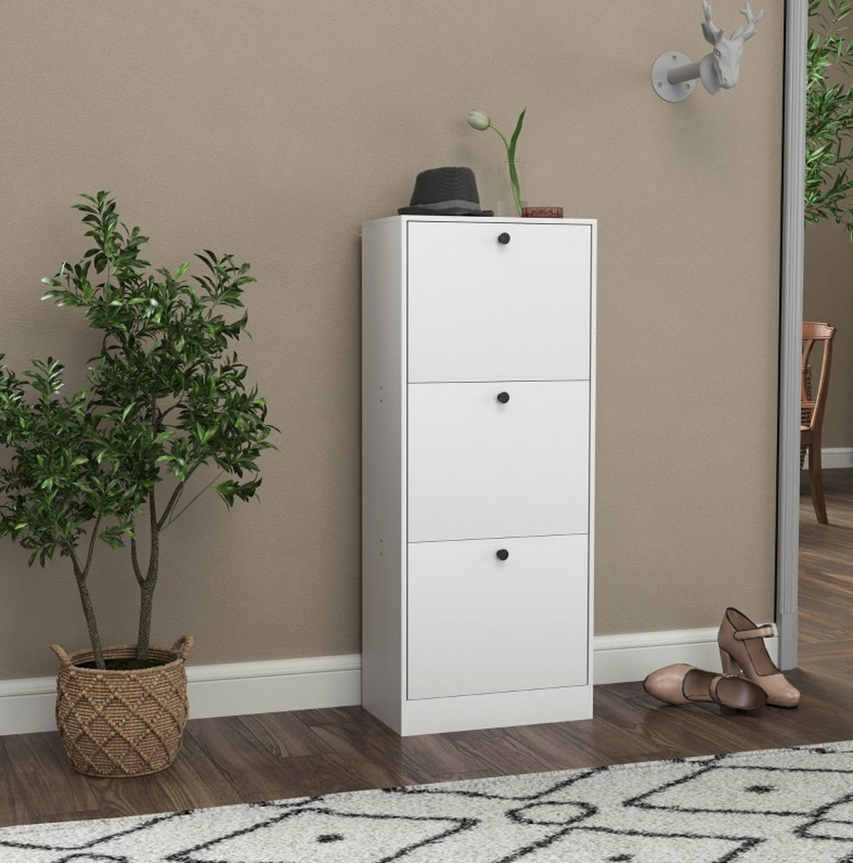 SCHUHSCHRANK 47/28/115 cm in Weiß mit 3 Klappen - Weiß, Holzwerkstoff (47/115/28cm) - Flora Grace