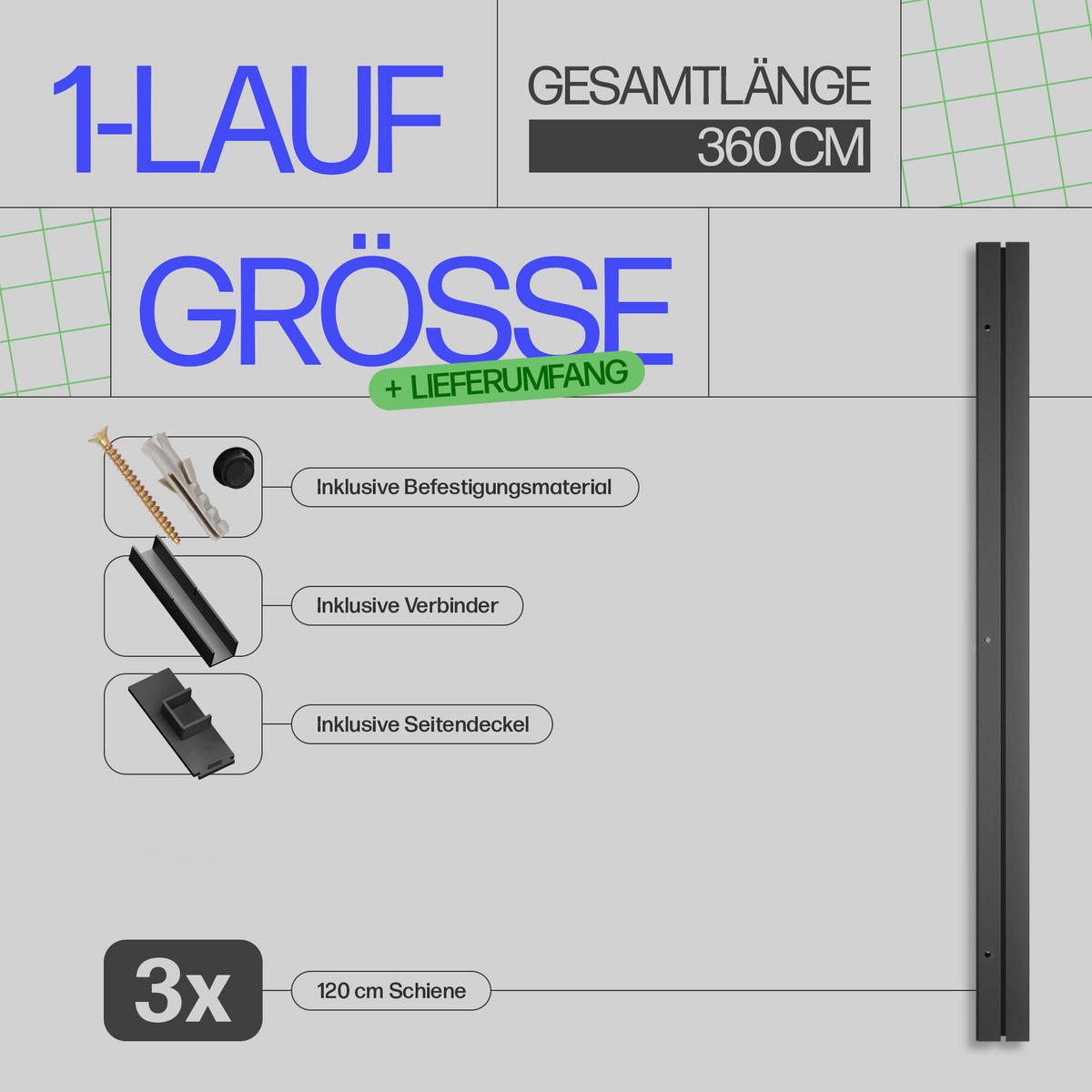GARDINENSCHIENE 360cm (3x120cm) 1-läufig - Schwarz, Kunststoff (6/1.8/360cm)