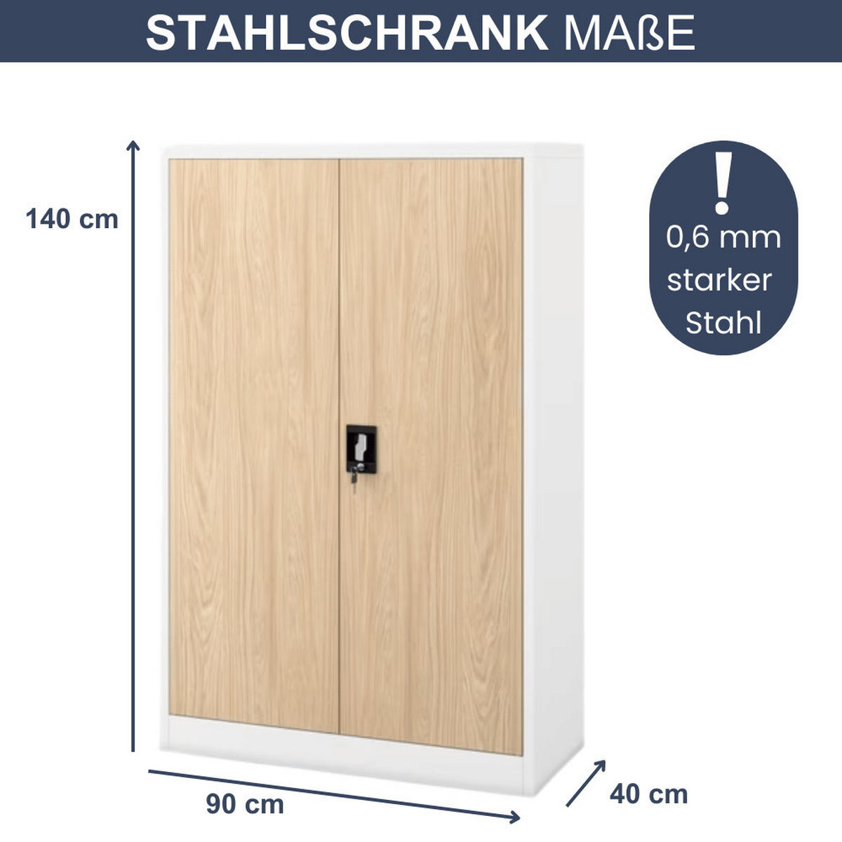 AKTENSCHRANK abschließbar KADO mit Flügeltüren 140x90x40cm Weiß-Sonoma Eiche - Weiß, Metall (90/140/40cm) - DELUKE