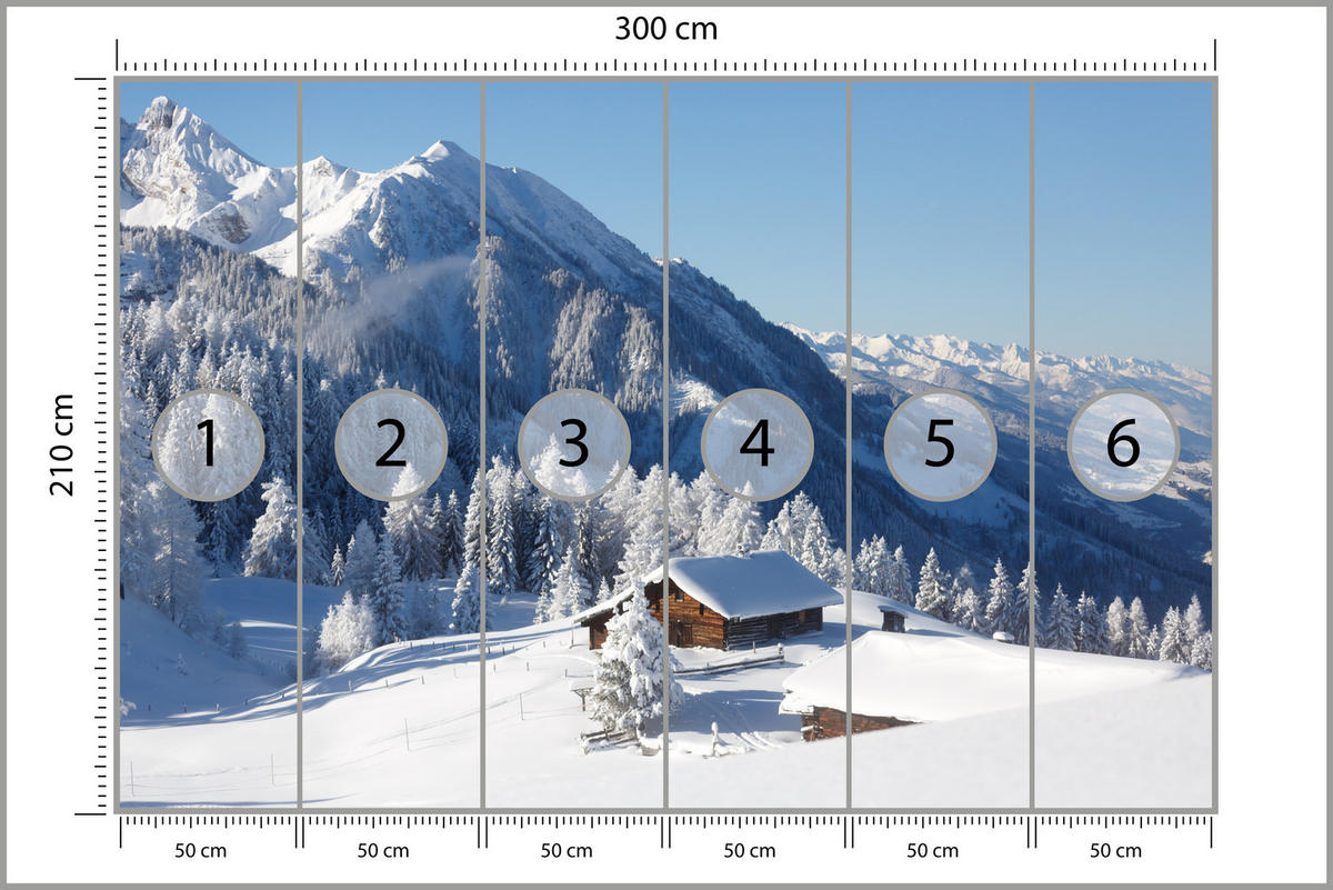 FOTOTAPETE für Wohnzimmer Holzene Hütte Berge Bäume Winter 300x210 - Weiß, Papier (300/210cm) - Muralo