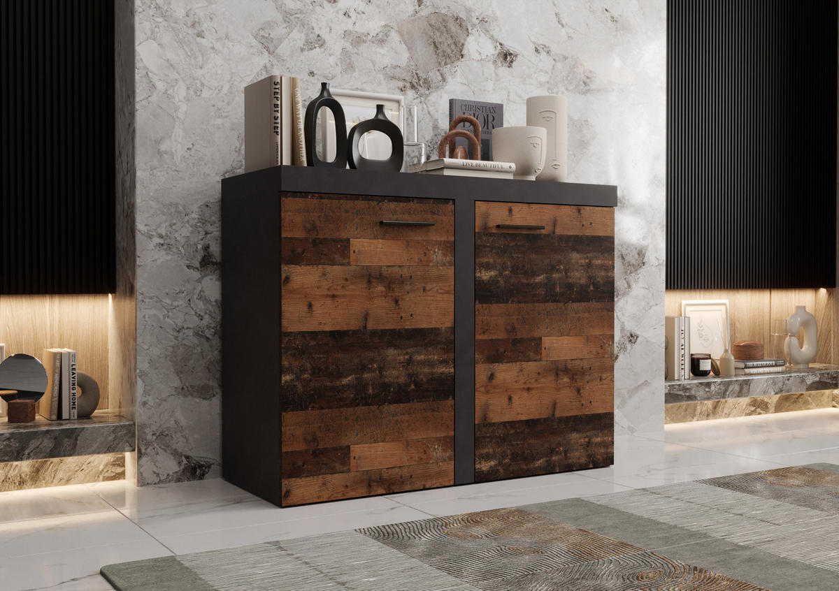 KOMMODE London LRXK 2D mit 2 Türen, Sideboard in Farbe: Dunkelbraun|Schwarz, Größe: 97 x 82 x 40 cm - Dunkelbraun/Schwarz, Holzwerkstoff (97/82/40cm) - O-Sofa