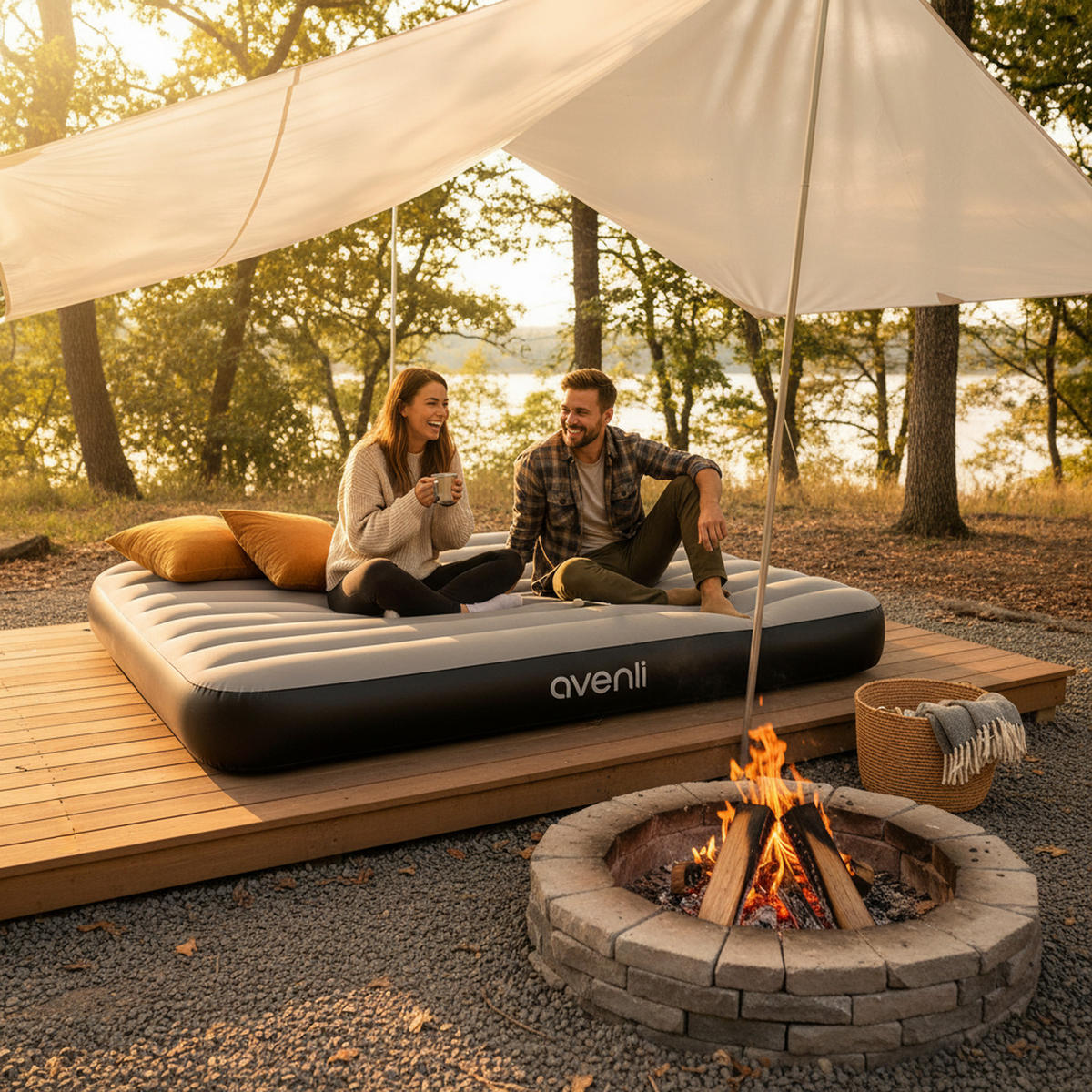 LUFTBETT Luftmatratze Camping 2 Personen 191x137x25cm grau aufblasbar ohne Pumpe - Schwarz Hochglanz/Grau, Kunststoff (137/191cm) - Avenli
