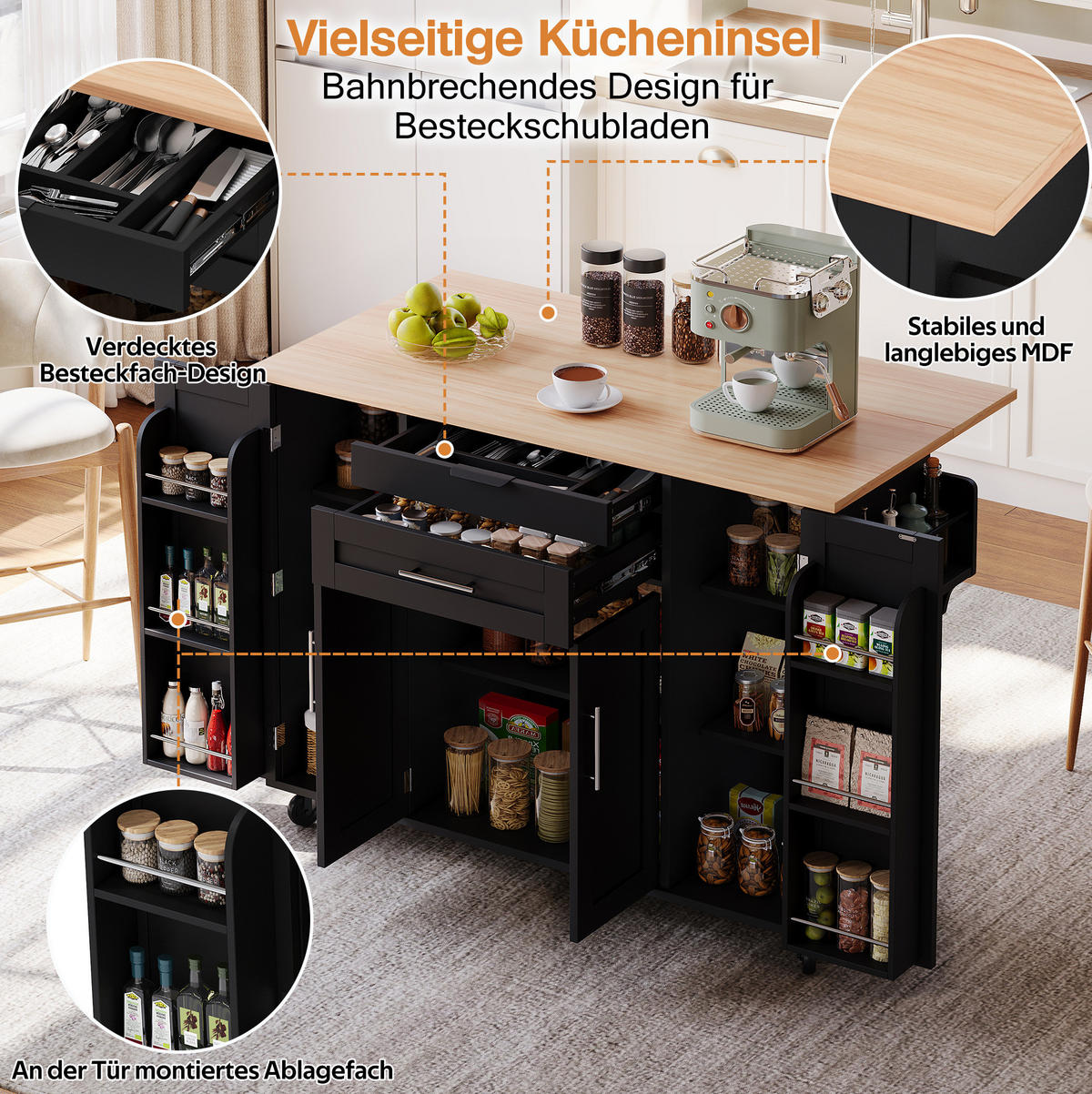 KÜCHENINSEL 136/92/70 cm Schwarz/Natur aus MDF mit ausziehbarer Arbeitsplatte - Schwarz, Holzwerkstoff (70/92/136cm) - OKMYHOME
