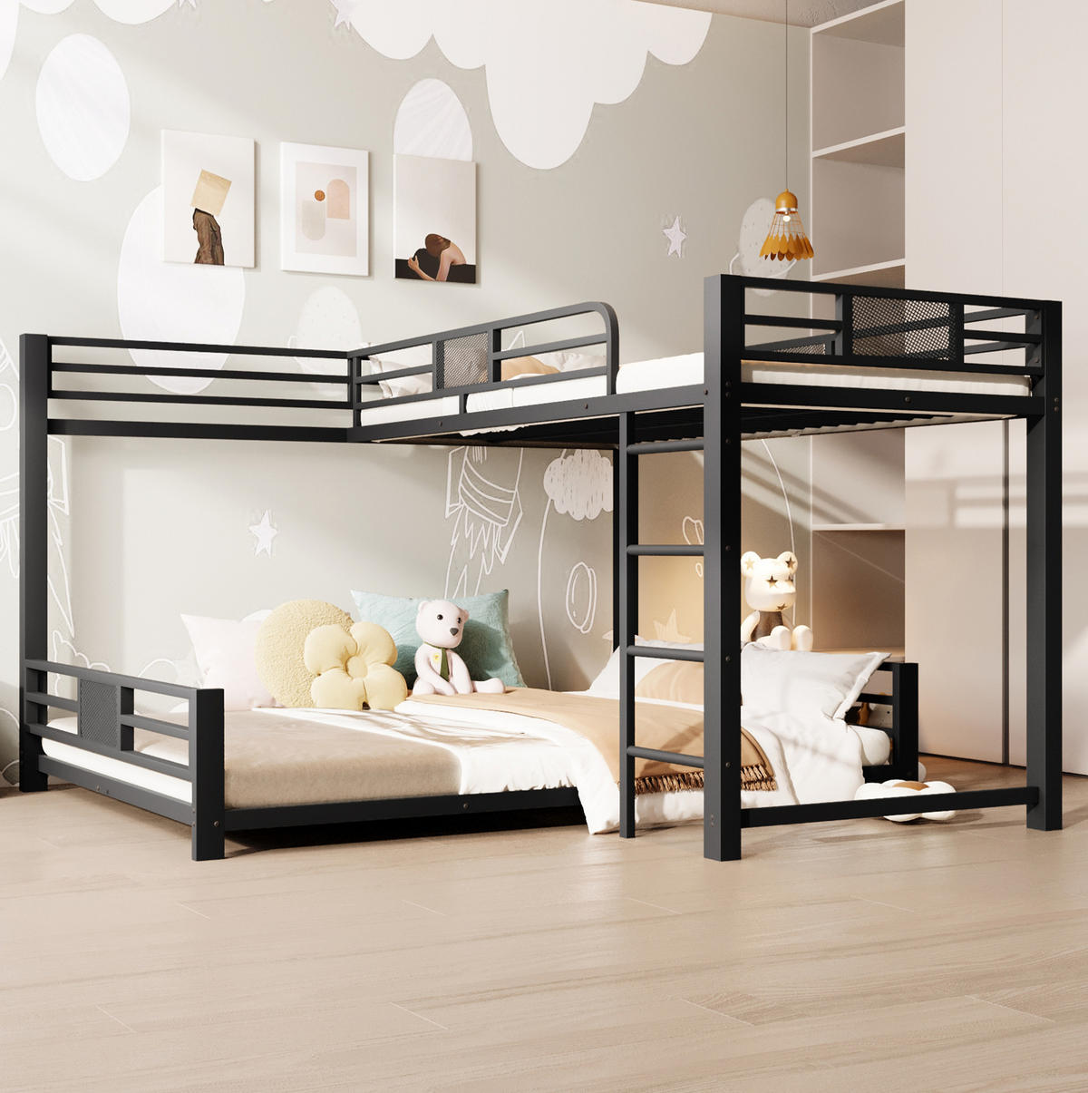 ETAGENBETT 140/200 cm schwarz aus Metall mit L-Form - Schwarz, Metall (140/200cm) - OKWISH