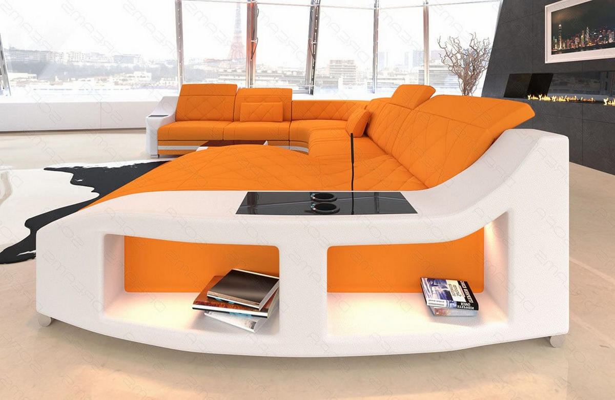 WOHNLANDSCHAFT Stoff Wohnlandschaft Swing Apricot Weiß Mikrofaserstoff - Orange, Kunststoff (404/90/295cm)