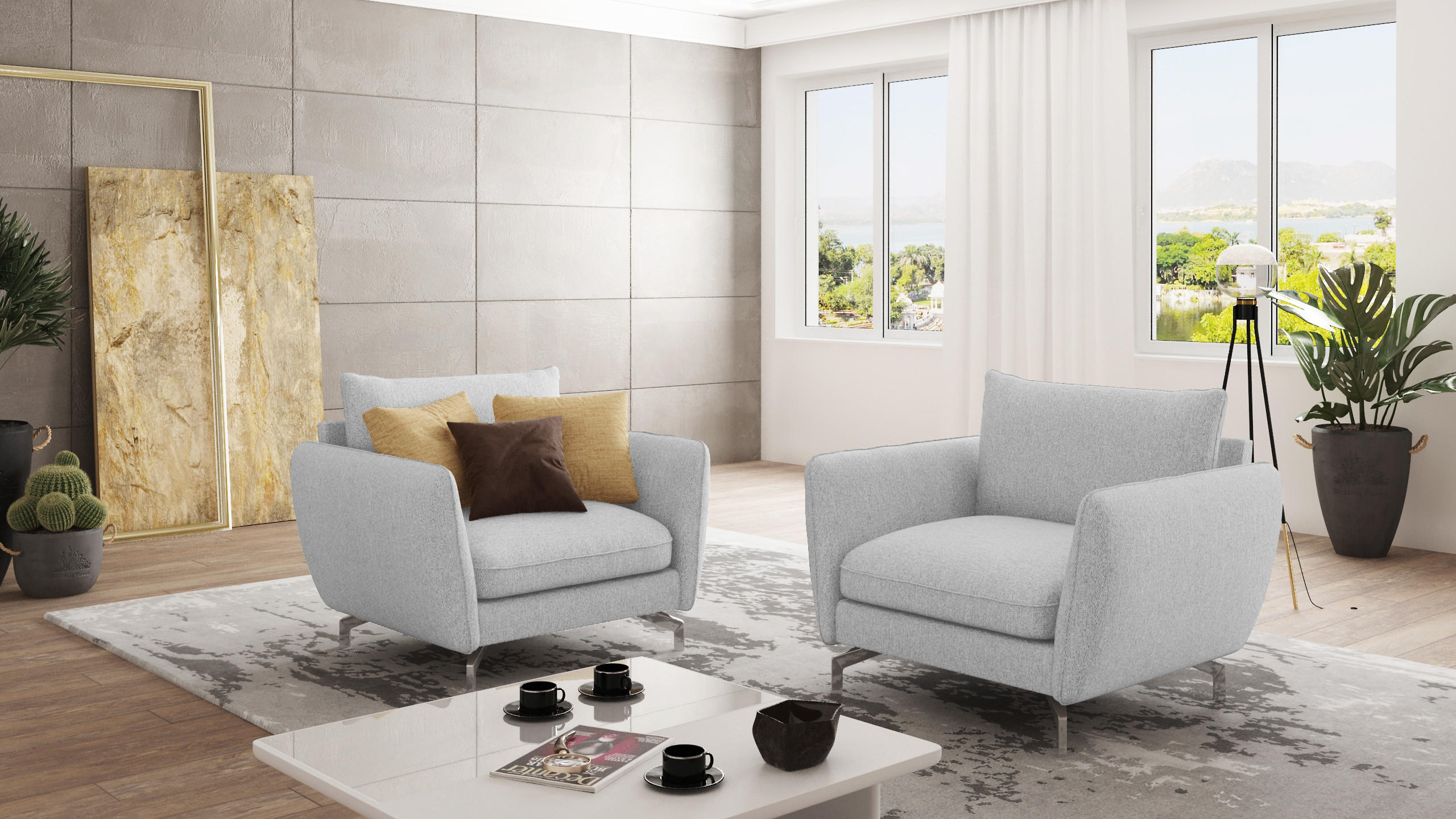 Thumbnail - S-Style Möbel Sessel, Silber, Textil, Echtholz,Buche, Birke, 1-Sitzer, Füllung: Silikon,Schaumstoff, 103x87x92 cm, Blaue...