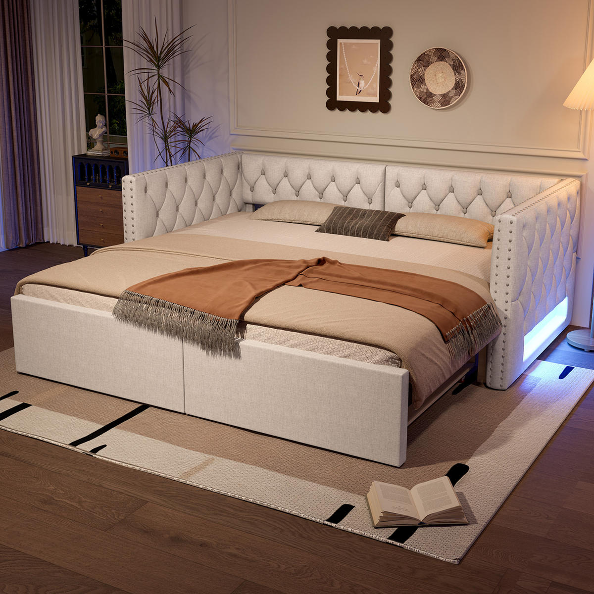 POLSTERBETT 90/200 cm Ausziehbett Beige aus Leinen mit LED-Beleuchtung - Beige, Textil (90/200cm) - OKWISH