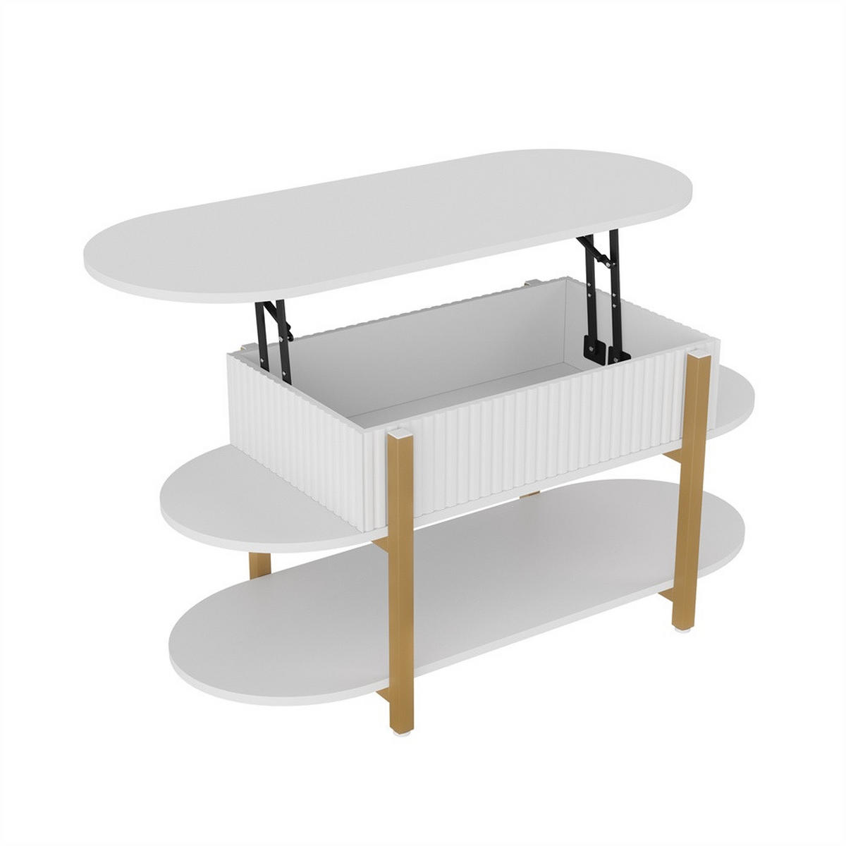 COUCHTISCH - Höhenverstellbarer Couchtisch - Ovaler Lift-Top Tisch mit Stauraum und Goldbeinen - Weiß - Weiß, Holzwerkstoff (45/106/50cm) - DELFA