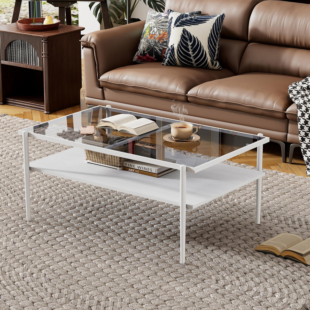 COUCHTISCH aus MDF und Glas in 97.5x61.5x45 cm Weiß mit Stauraum - Weiß, Glas (97.5/61.5/45cm) - Modfu