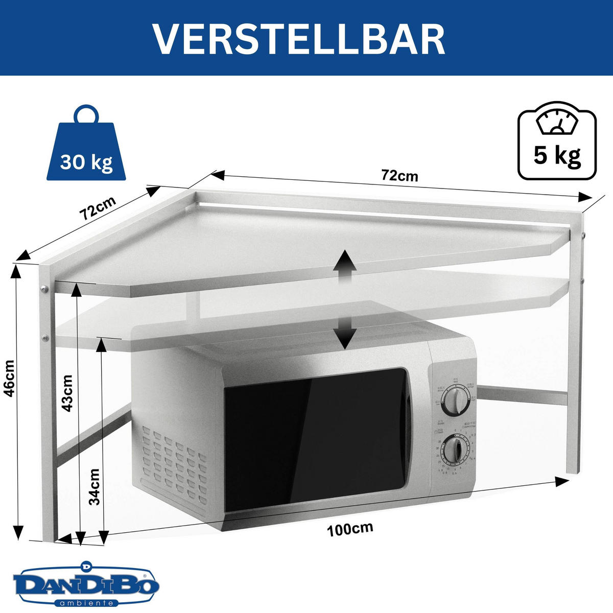 MIKROWELLENREGAL Eckregal Küche Stehend Arbeitsplatte 72x72 cm Weiß 2 Stufig 96689 - Weiß, Metall (72/46/72cm) - DanDiBo