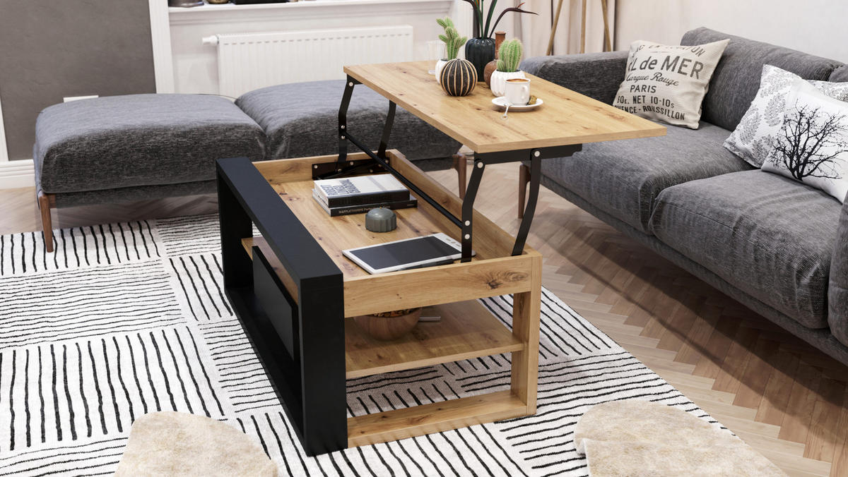 COUCHTISCH rechteckig Eiche Artisan Schwarz aufklappbar - Schwarz/Eiche Artisan, Holzwerkstoff (60/110/45cm) - designimpex