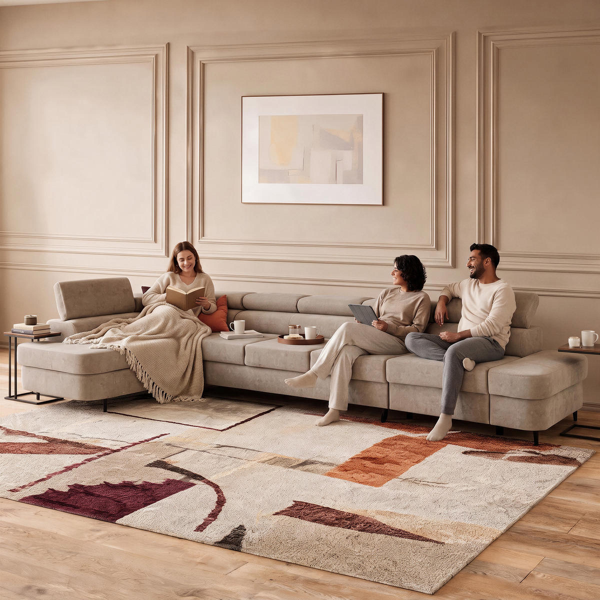 ECKSOFA PRIAM XXL L-Form Links mit Schlaffunktion 125x265 Velours Creme - Creme/Schwarz, Holz/Textil (203/420cm) - Muffo