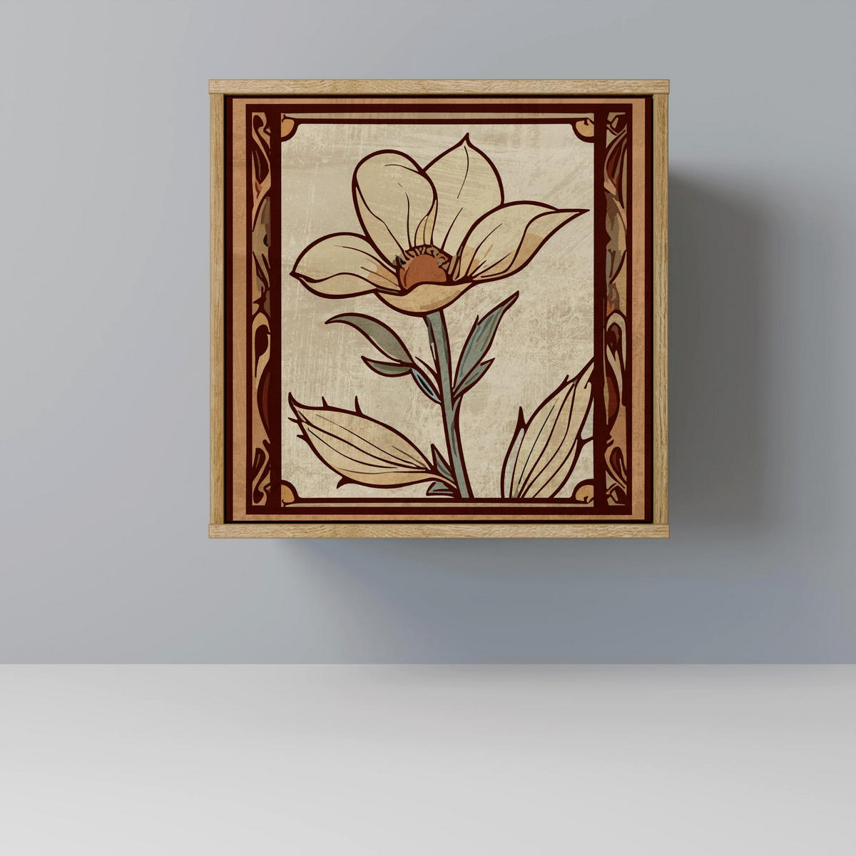 SIDEBOARD TIMELESS FLORA, Eichefarben, 57,5x42x67,5 cm, Schwarze Metall-Rahmenfüße - Eichefarben/Multicolor, Holzwerkstoff/Metall (57.5/67.5/42cm) - SpaceRebels