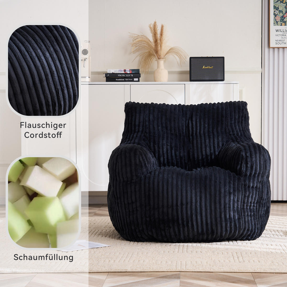 SOFA,1 Sitzer Sofa,Schwarz Cordbezug, Relaxsessel Schaumstoff-Sitzsack - Schwarz, Textil (100/70/94cm) - PARAFTA HOME