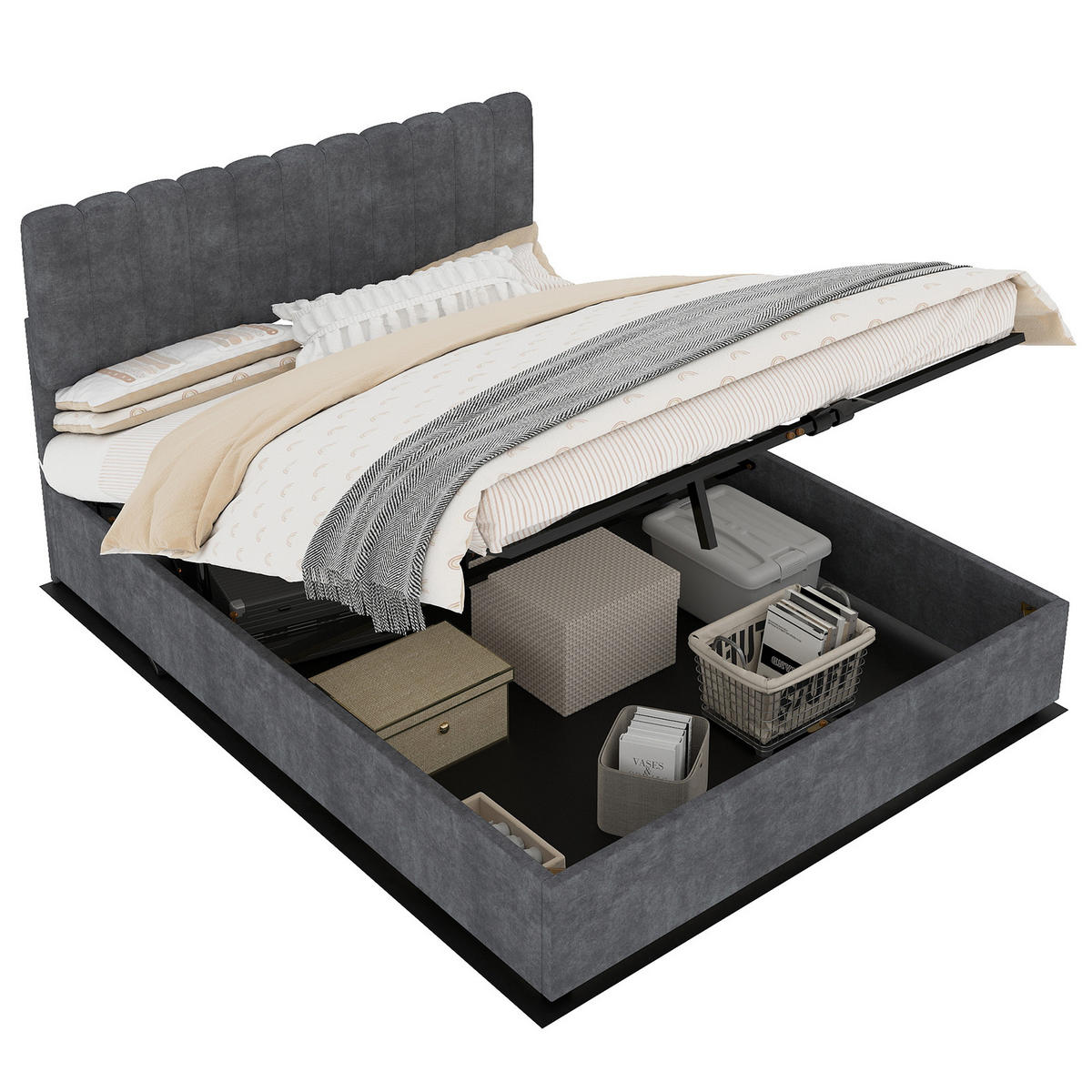 POLSTERBETT 140x200 cm Stauraum hydraulisch grau - Grau, Textil (140/200cm) - LEBENLANG